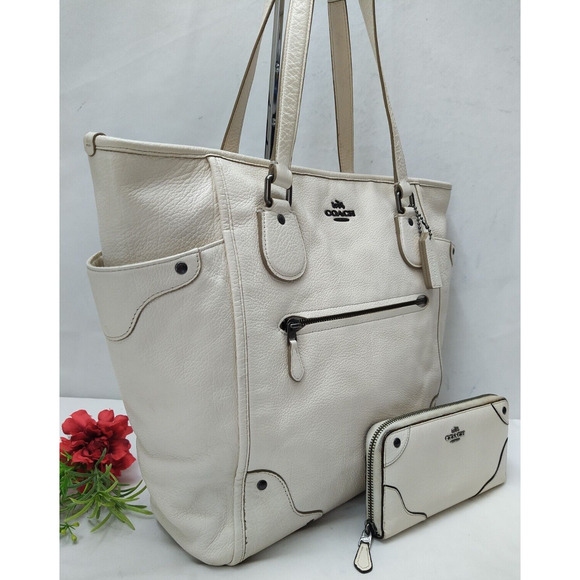 Coach Mickie Off-white Pebbled Leather Double Handle Zipper Tote Bag With Wallet - Picture 16 of 16